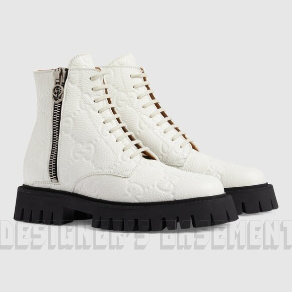 GUCCI 40 white GUCCISSIMA leather black Lug sole combat Moto Side zipper Boots - Picture 1 of 9